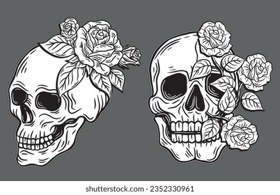 Skull Rose Dark illustration Devil Demon Horror Bone Skull Hand drawn head Hatching symbol Tattoo Merch Vintage Vector