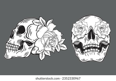 Skull Rose Dark ilustración Devil Demon Horror Bone Skull Hand dibujó la cabeza Tattoo Merch Vector Vintage