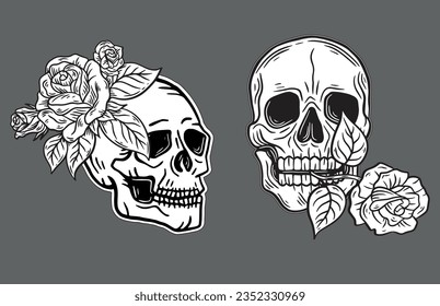 Skull Rose Dark ilustración Devil Demon Horror Bone Skull Hand dibujó la cabeza Tattoo Merch Vector Vintage