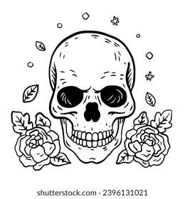 Skull rose dark illustration devil demon horror skull bones head. Hand drawn illustration, black on white