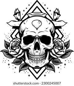 skull and rose day of the dead icon in black and white