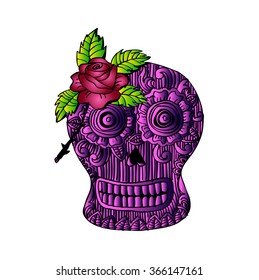 Skull with a rose. Doodle style.