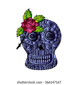 Skull with a rose. Doodle style.