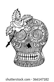 Skull with a rose. Doodle style.