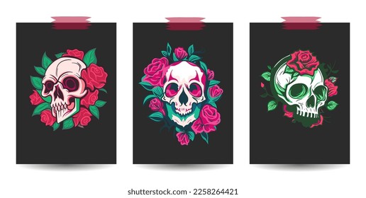 Skull and rose flower card poster set. Dead vector symbol, retro drawing, gothic style print collection