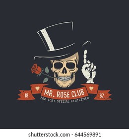 Skull with rose flower and classic head with ribbon and Mr. Rose club words. 