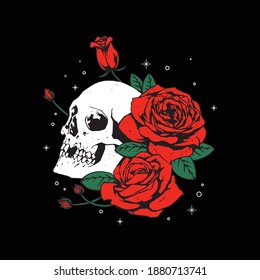 skull with rose flower hand drawn style