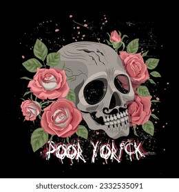 Skull with rose flower hand drawn style. Skull among the bright peonies on a dark background. Lots of bright colors. Suitable for printing on T-shirts, posters, covers, books, tickets. Poor Yorick