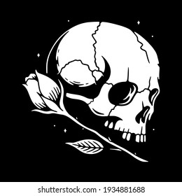 SKULL AND ROSE FLOWER WITH STARS WHITE BLACK BACKGROUND