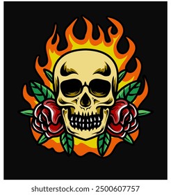Cráneo con flores de rosa y diseño de llamas para ropa o tatuaje con fondo negro.
