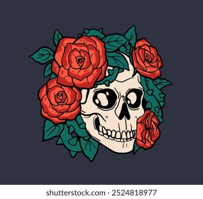 Skull with rose flowers and leaves, life and death concept. Creepy spooky skeleton with floral decoration in vintage gothic style. El Dia de los Muertos decor. Hand-drawn vector illustration