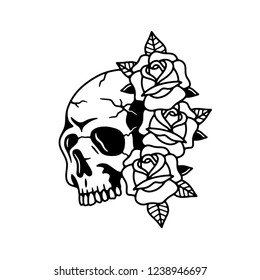 SKULL WITH ROSE FLOWERS TATTOO BLACK WHITE BACKGROUND