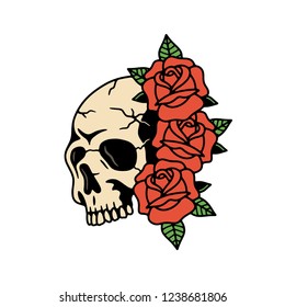 SKULL WITH ROSE FLOWERS TATTOO WHITE BACKGROUND