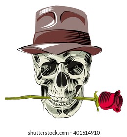 skull, rose, hat, vector illustration