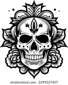 skull and rose icon in black and white