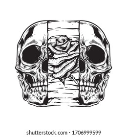 skull rose illustration with detailed engraving style 