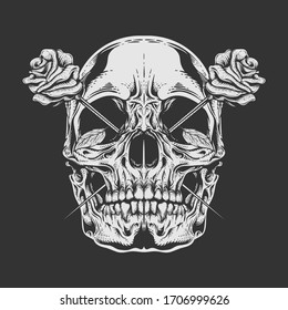 skull rose illustration with detailed engraving style 