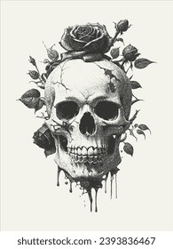 Skull With Rose Illustration Vector Grunge Style 