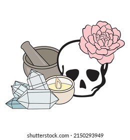 skull and rose with mortar and pestle, vector