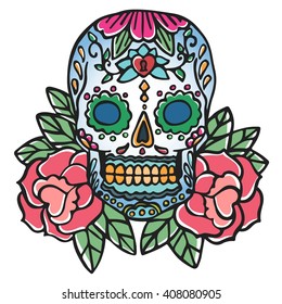 Calavera y rosa. Ilustración vectorial del tatuaje retro de la vieja escuela. Elementos de color tradicionales. Símbolos mexicanos