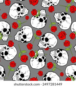 Skull with rose pattern seamless. Skeleton head and flower background