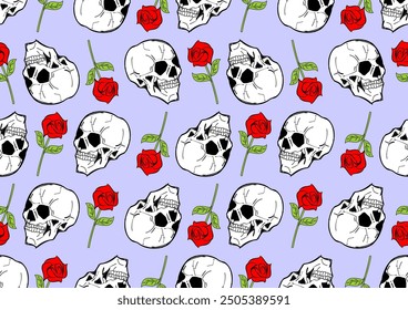 Skull with rose pattern seamless. Skeleton head and flower background