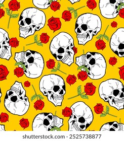 Skull with rose pattern seamless. Skeleton head and flower background