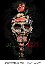 Skull and rose poster in old tattoo style - Run or Death! Skeleton bones music - this is all you need to run! 