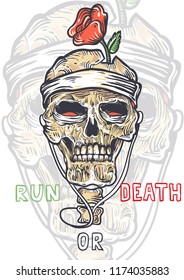Skull and rose poster in old tattoo style - Run or Death! Skeleton bones music - this is all you need to run! 