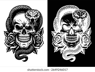Skull Rose and Snake Monochrome Vector Artwork Black White Line Art