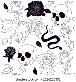 Skull, rose and snake seamless pattern.