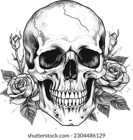 Skull and rose. tatto design. vector illustration.