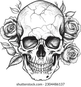 Calavera y rosa. diseño de tatuajes. ilustración vectorial.