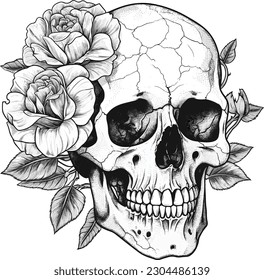 Calavera y rosa. diseño de tatuajes. ilustración vectorial.