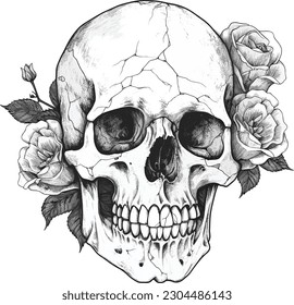 Skull and rose. tatto design. vector illustration.