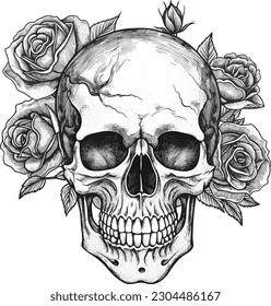 Skull and rose. tatto design. vector illustration.