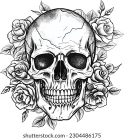 Calavera y rosa. diseño de tatuajes. ilustración vectorial.