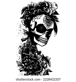 skull and rose tattoos for females hand drawn vector black and white clip art
