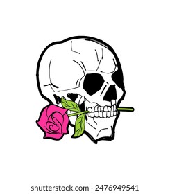 Skull with rose in teeth. Skeleton head and flower