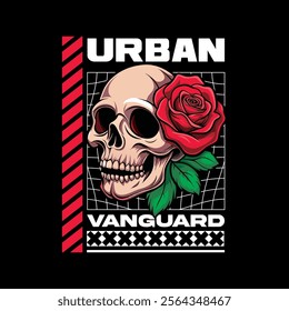 skull and rose t-shirt vector design with text "urban vanguard". streetwear and Urban style on black background