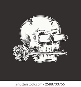 Skull and rose. Vector illustration. Isolated on black background