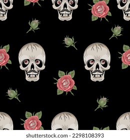 Skull and rose vector. Skull seamless pattern. Skull flowers Mexico typography, t-shirt graphics, vectors