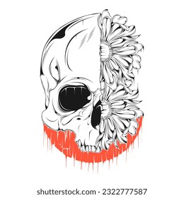 Skull and Rose Vintage Line Art Vector Illustration