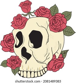 Skull With Roses, Skull Art, Red Rose Vector Illustration Isolated On White Background. 