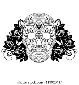 Skull and roses, black and white Day of the Dead card