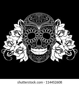 Skull and roses, black and white Day of the Dead card