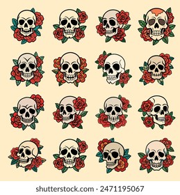 A skull and roses with a classic tattoo art 
