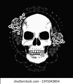 SKULL WITH ROSES COLOR BLACK BACKGROUND
