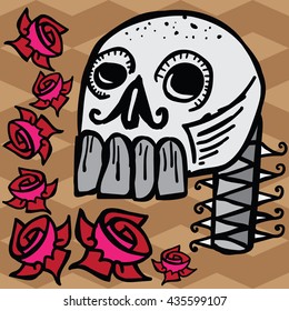 Skull with roses, colored hand drawn illustration