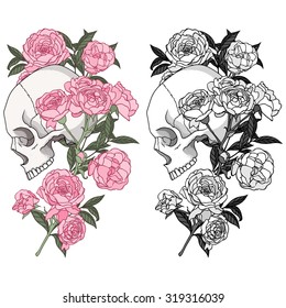 Skull and roses. Colored and monochrome illustration.